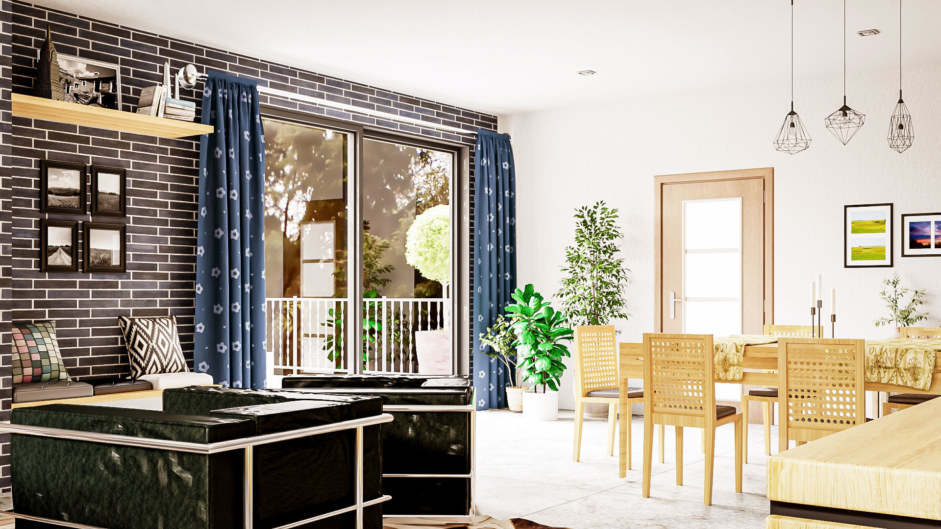 Modern kitchen and living room interior and exterior 3D model_11