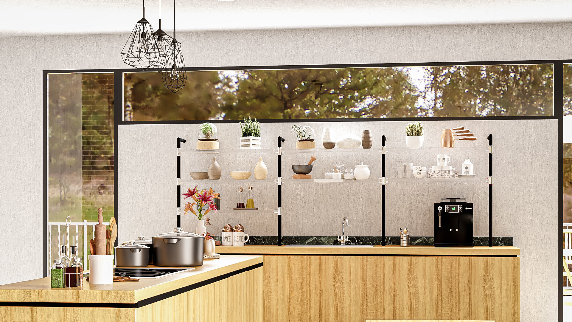 Modern kitchen and living room interior and exterior 3D model_19