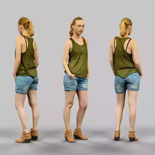 Girl in Green Top and Jeans Shorts Low-poly 3D model