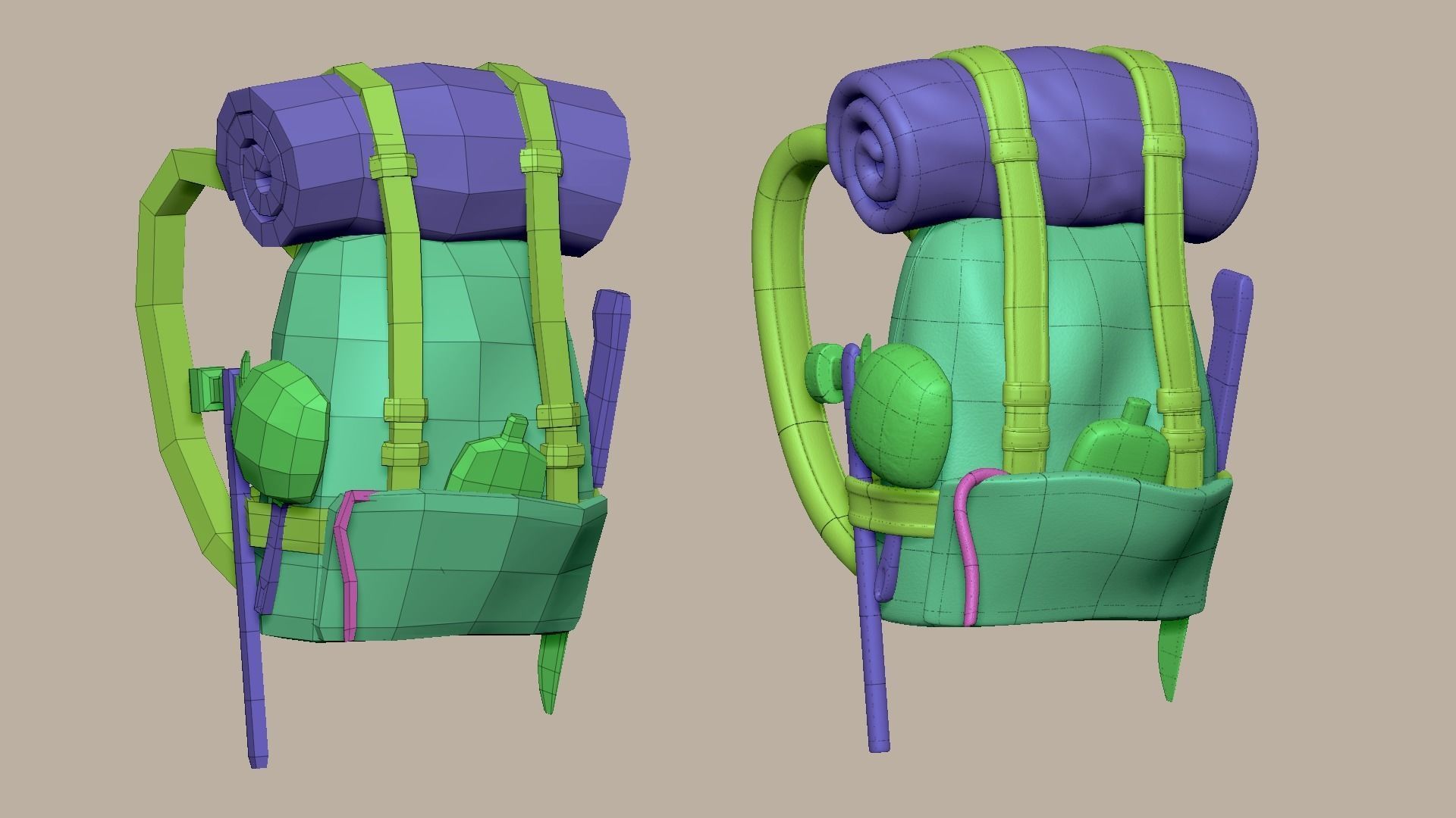 Adventurer Backpack - Camping Character Costume Low-poly 3D model_13