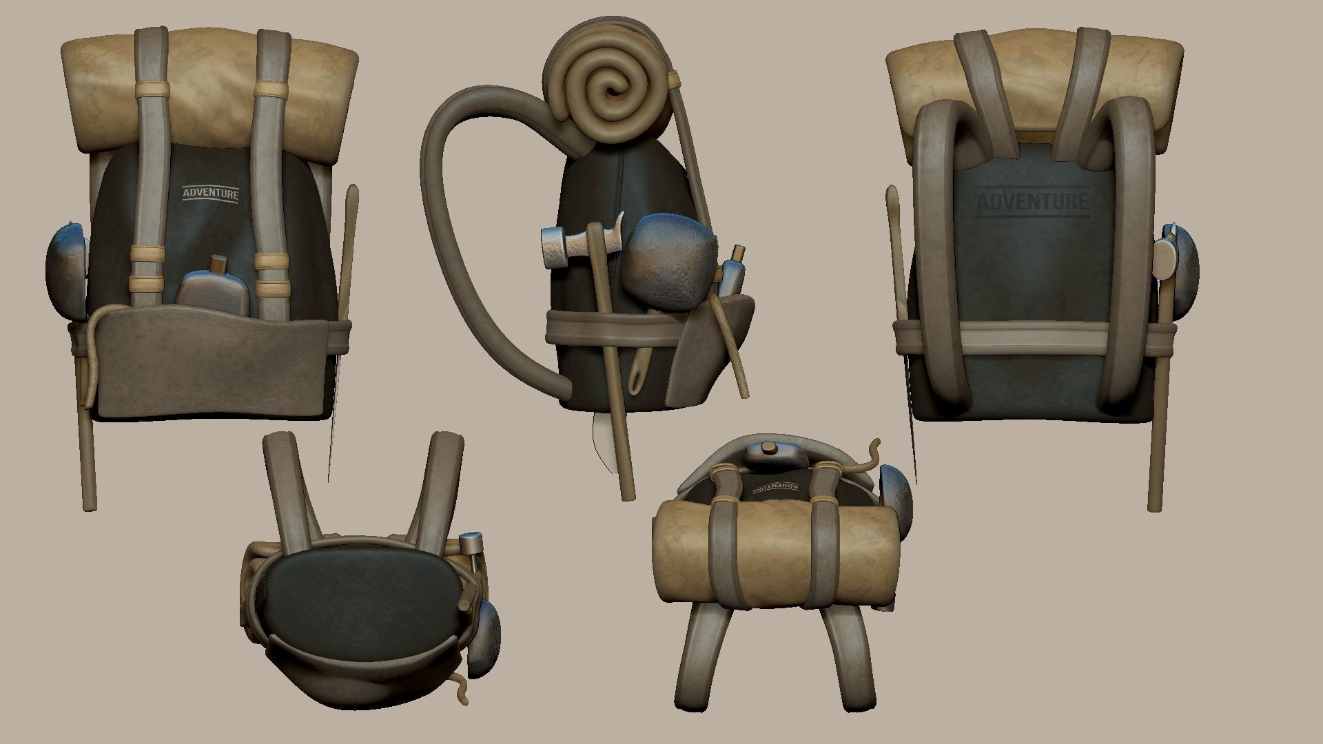 Adventurer Backpack - Camping Character Costume Low-poly 3D model_10