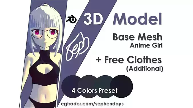 Anime Girl  3D Base Mesh model Free Clothes Hair