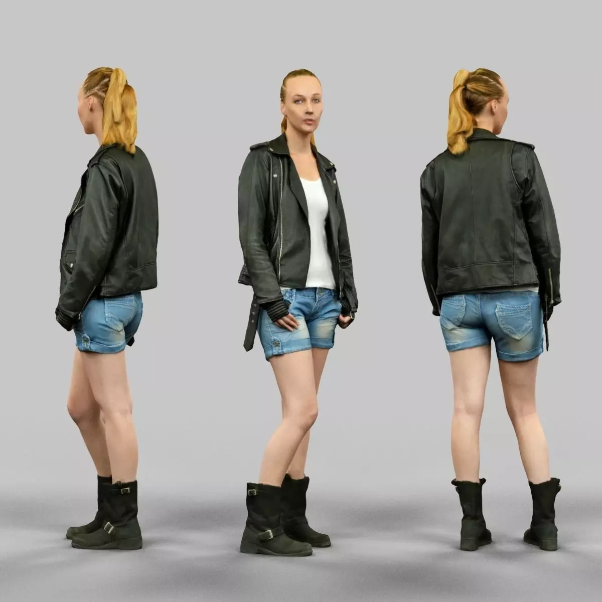 Woman wearing Leather Jacket and shorts Low-poly 3D model_0