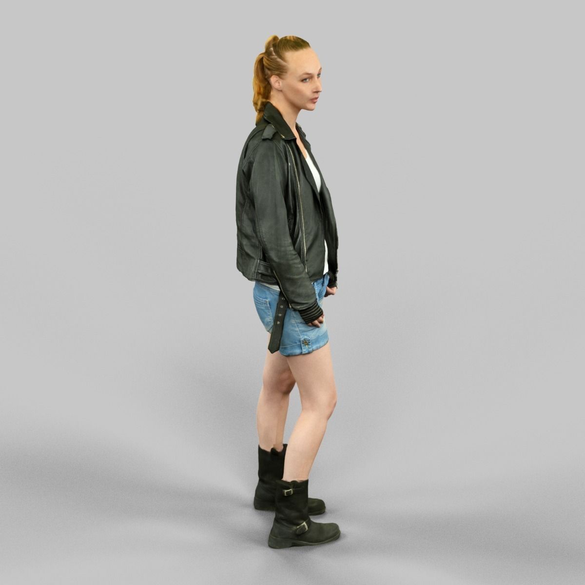 Woman wearing Leather Jacket and shorts Low-poly 3D model_4
