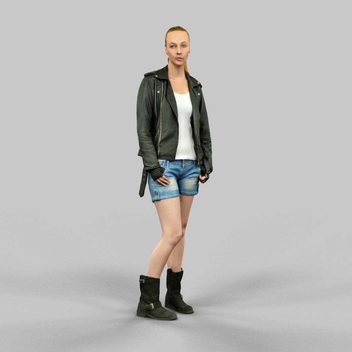 Woman wearing Leather Jacket and shorts Low-poly 3D model_5