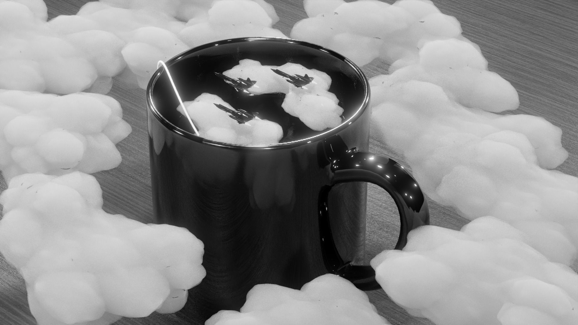 Tea Blackbird Jets and Clouds scene 3D model_2