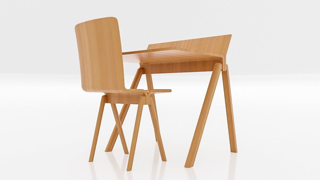 table wooden desk and chair 3D model_2