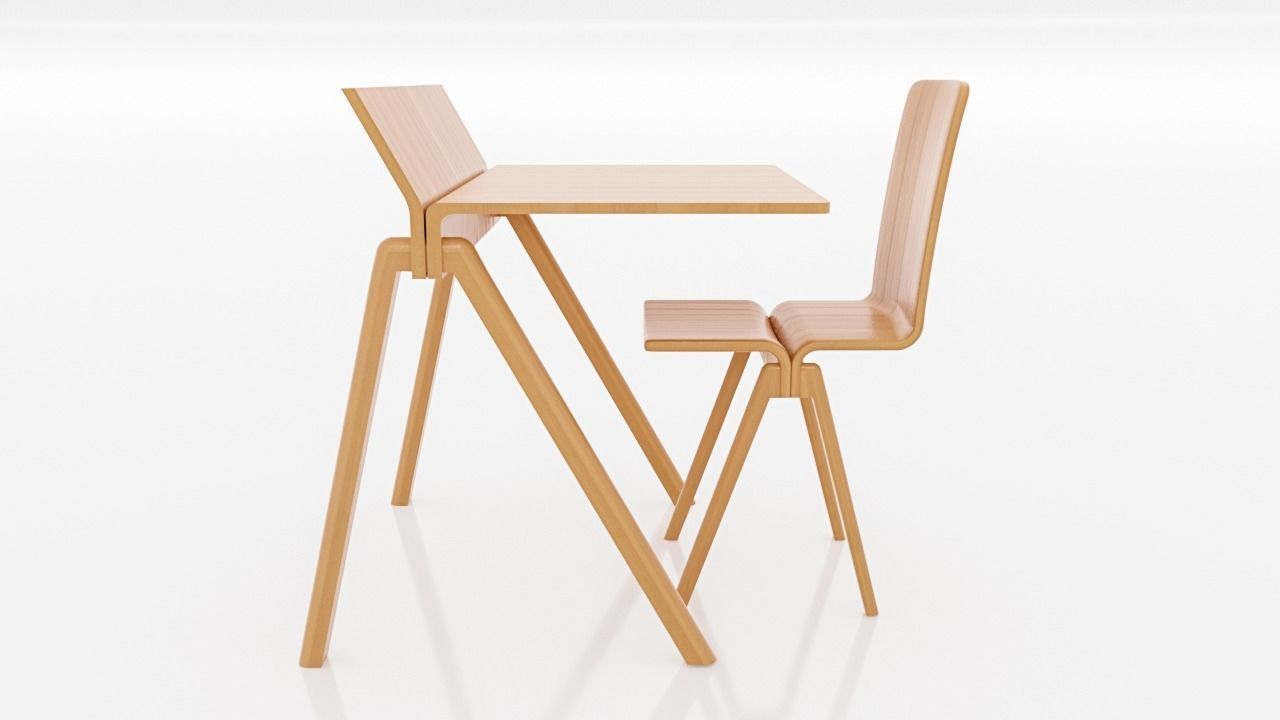 table wooden desk and chair 3D model_1