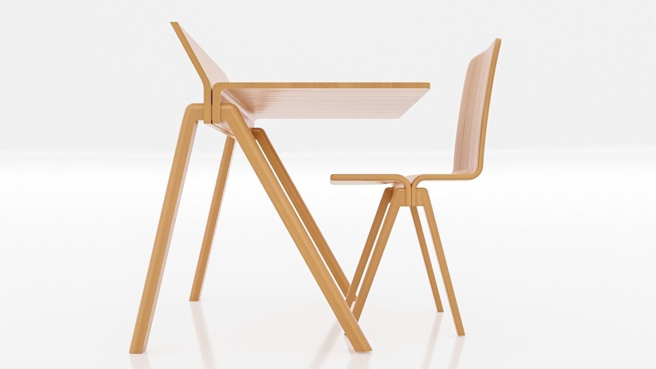 table wooden desk and chair 3D model_3