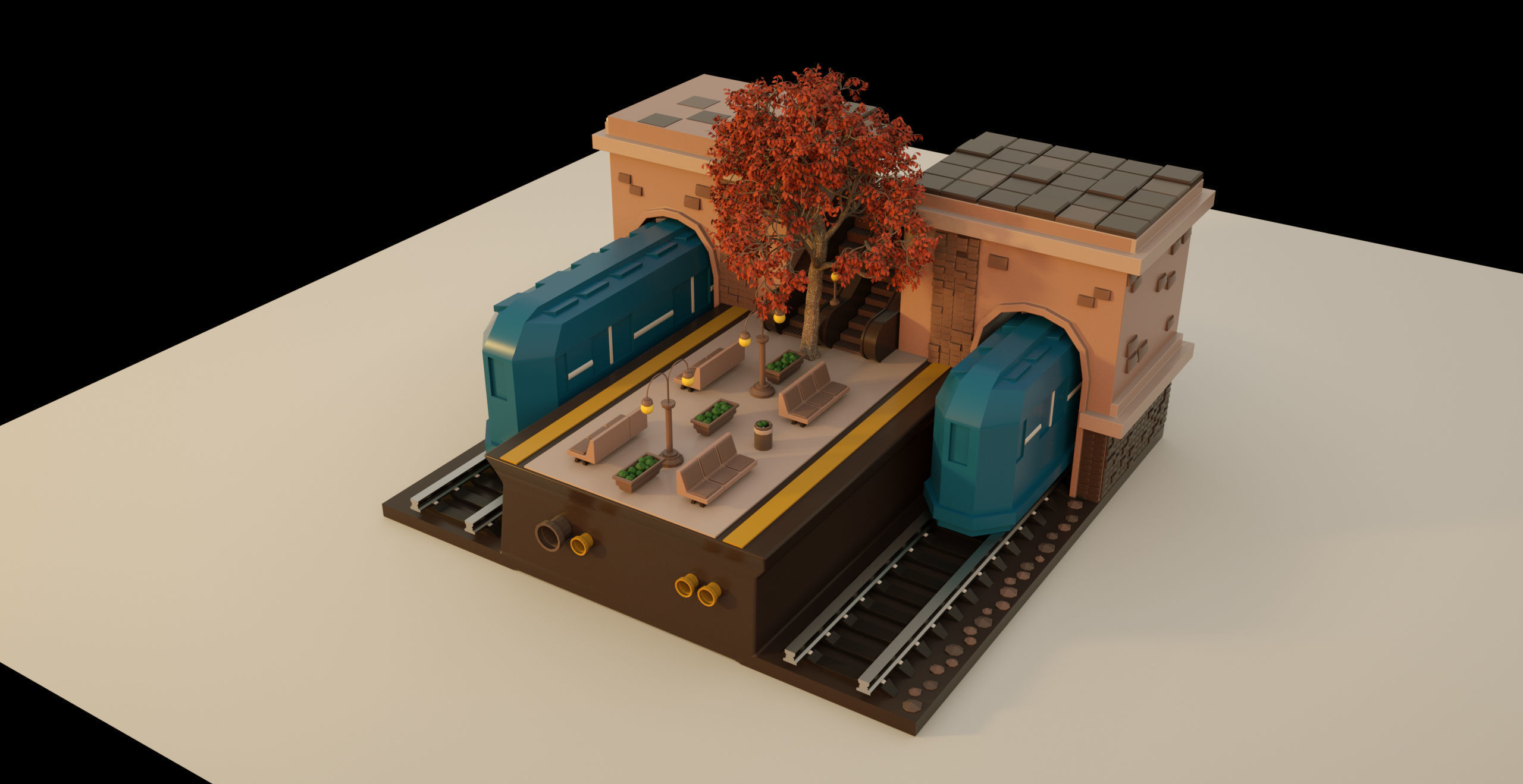 Subway Station Cartoon low-poly 3d model Game 3D model_6