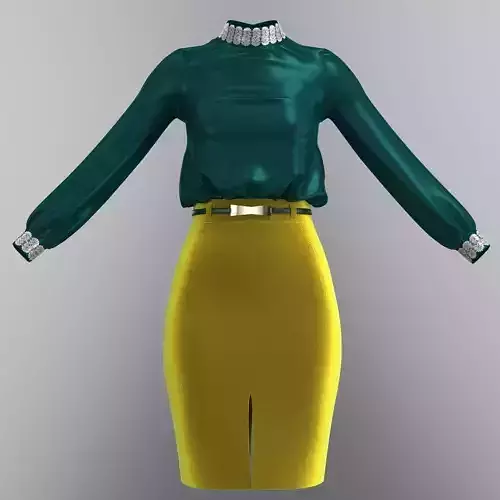 3D Green Top Yellow Skirt With Belt