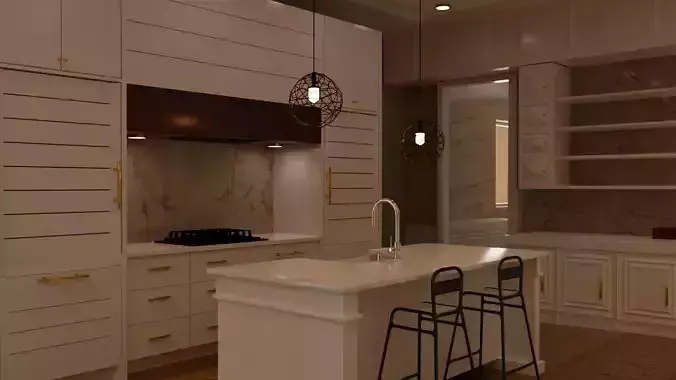 Realistic European Kitchen Scene With Many Detailed Furnitures