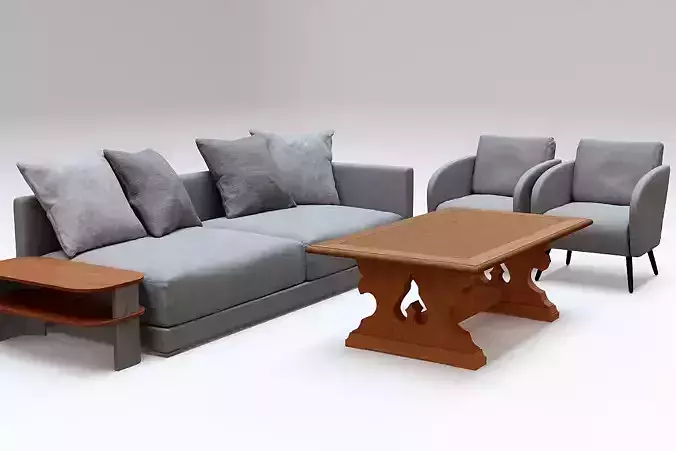 Gray Fabric Couch Armchair and Wooden Coffee Table 3D model