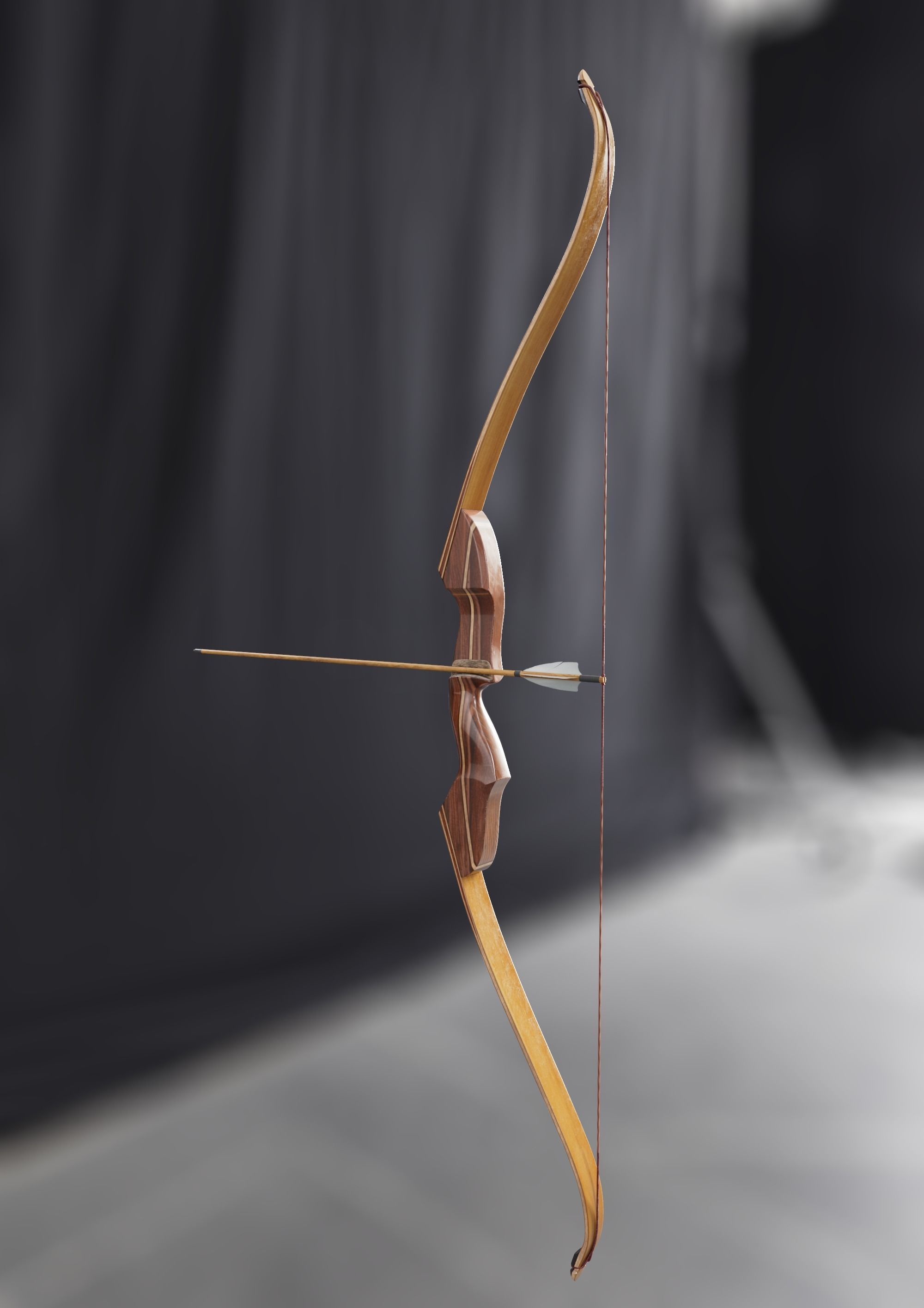Traditional hunting recurve bow with arrow 3D model_3