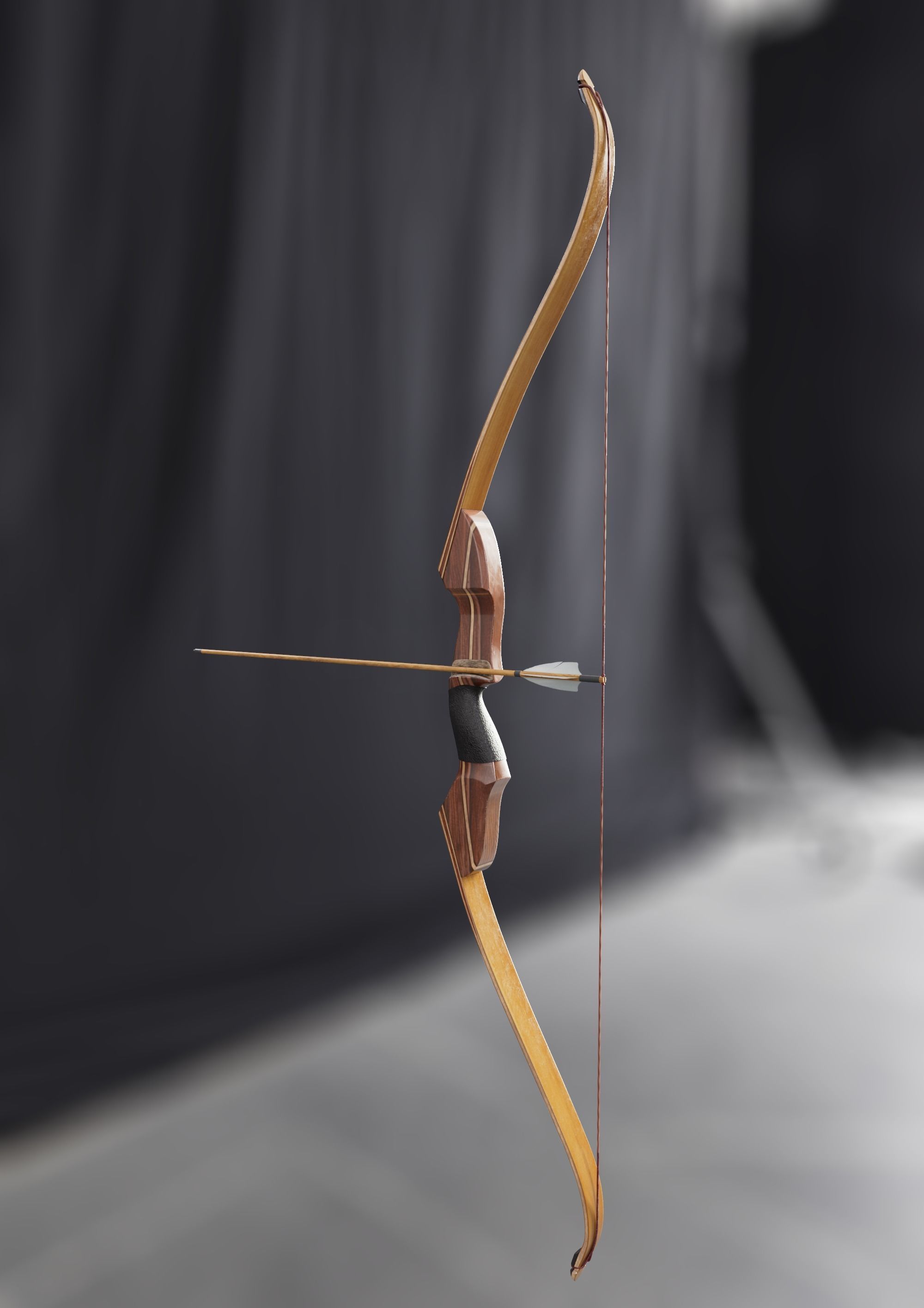 Traditional hunting recurve bow with arrow 3D model_2