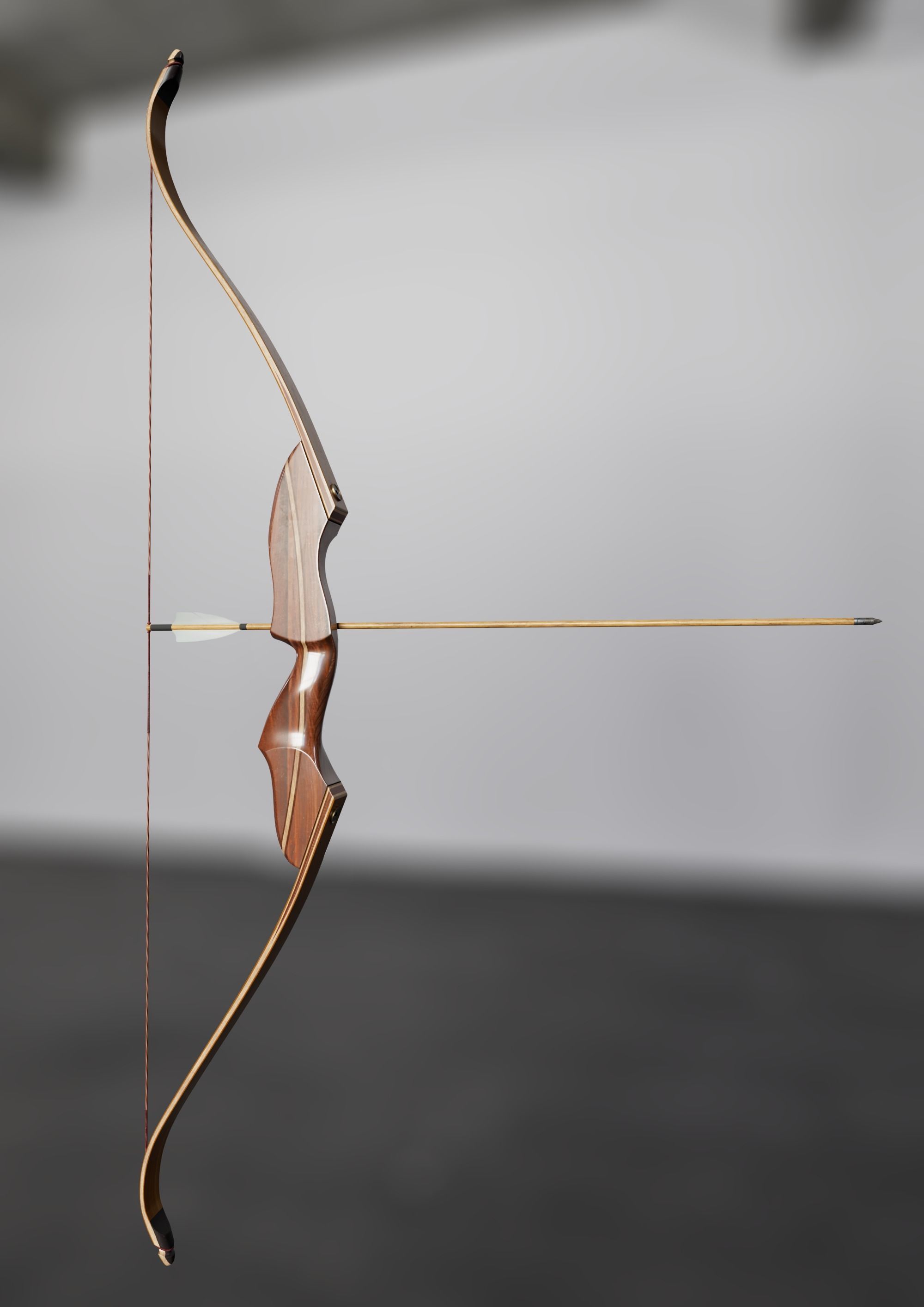 Traditional hunting recurve bow with arrow 3D model_4