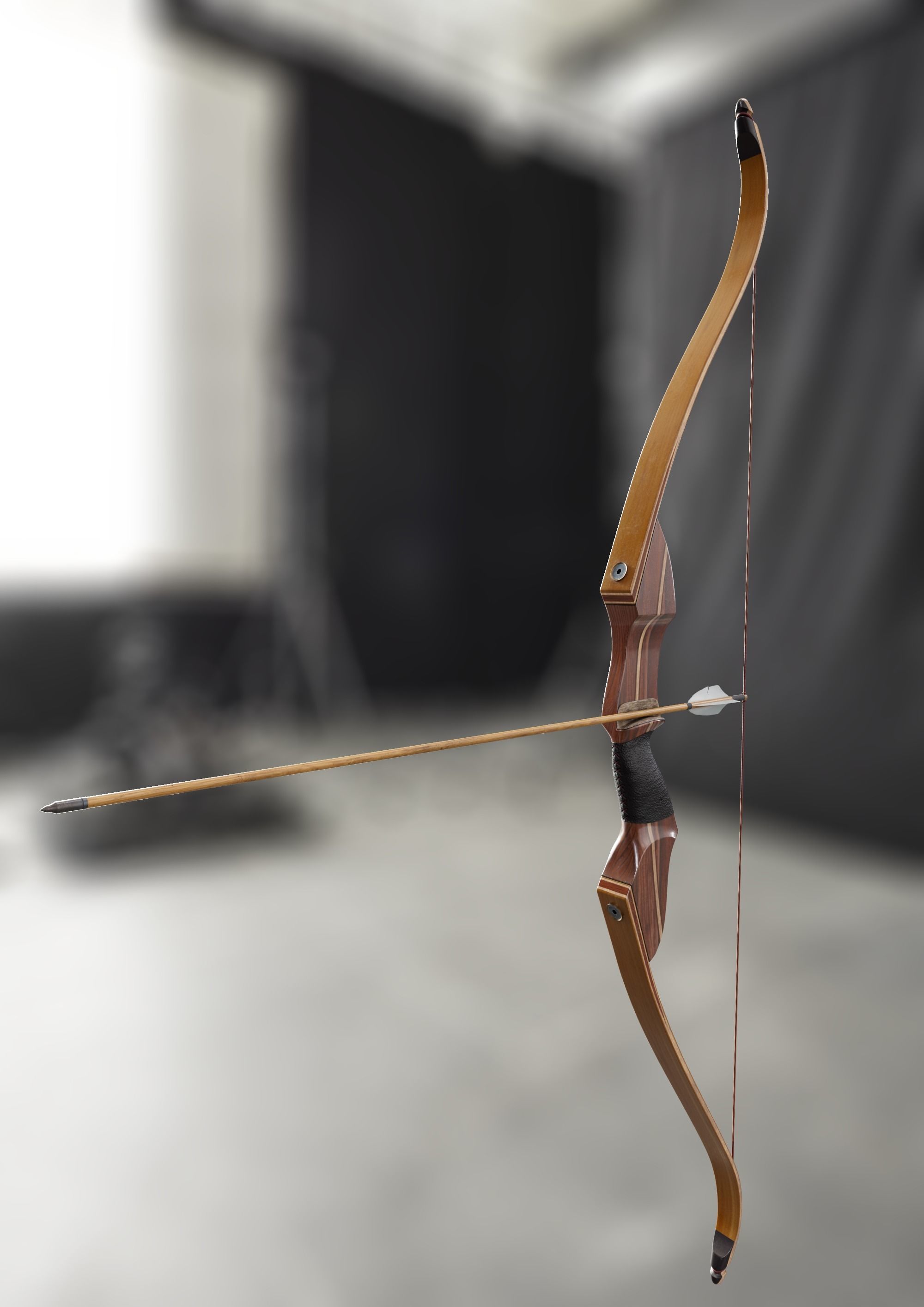 Traditional hunting recurve bow with arrow 3D model_1