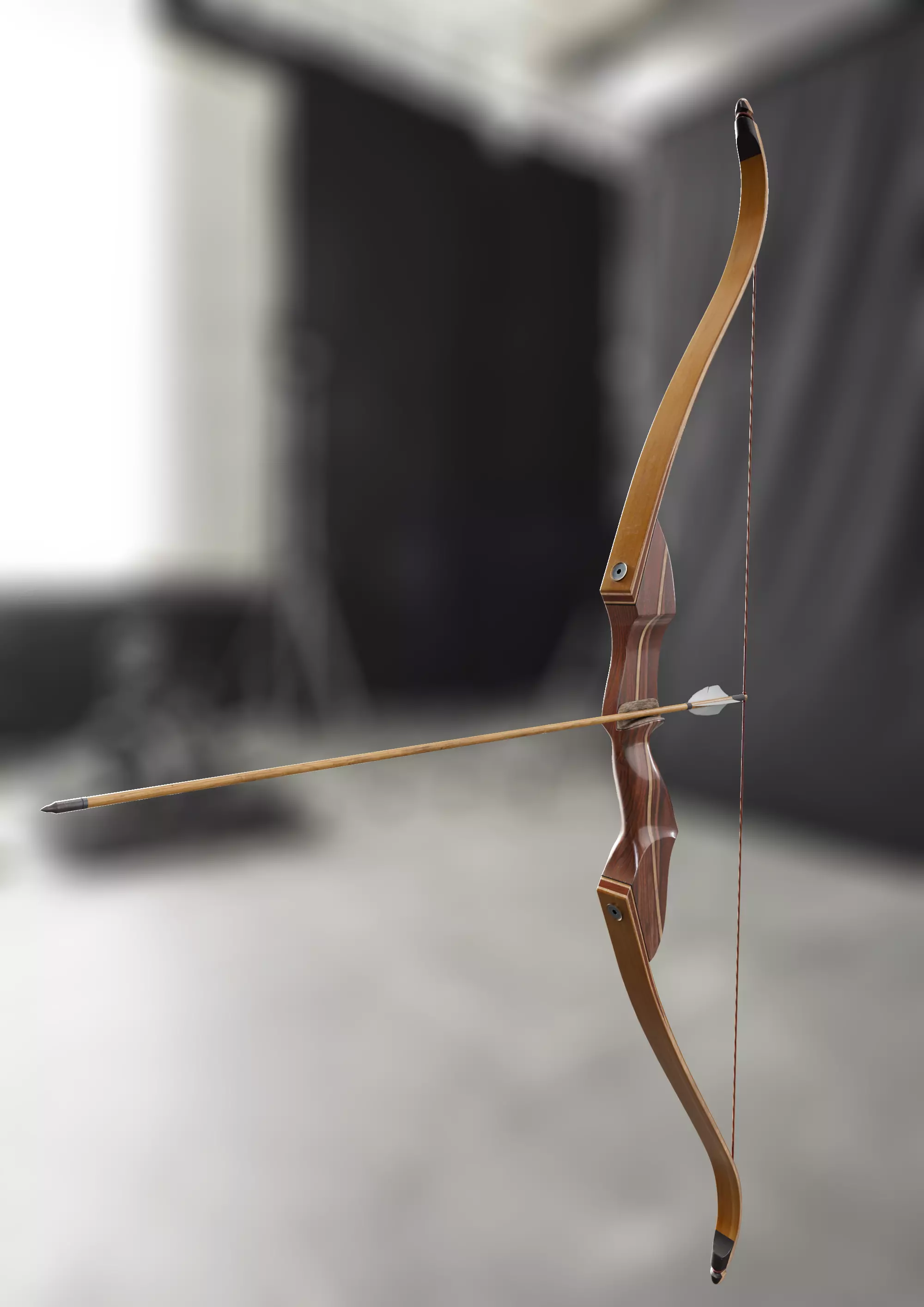 Traditional hunting recurve bow with arrow 3D model_0
