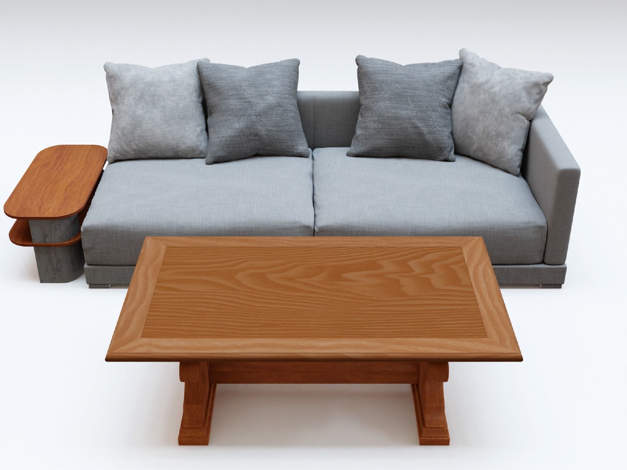 Gray Fabric Couch and Wooden Coffee Table 3D model_1