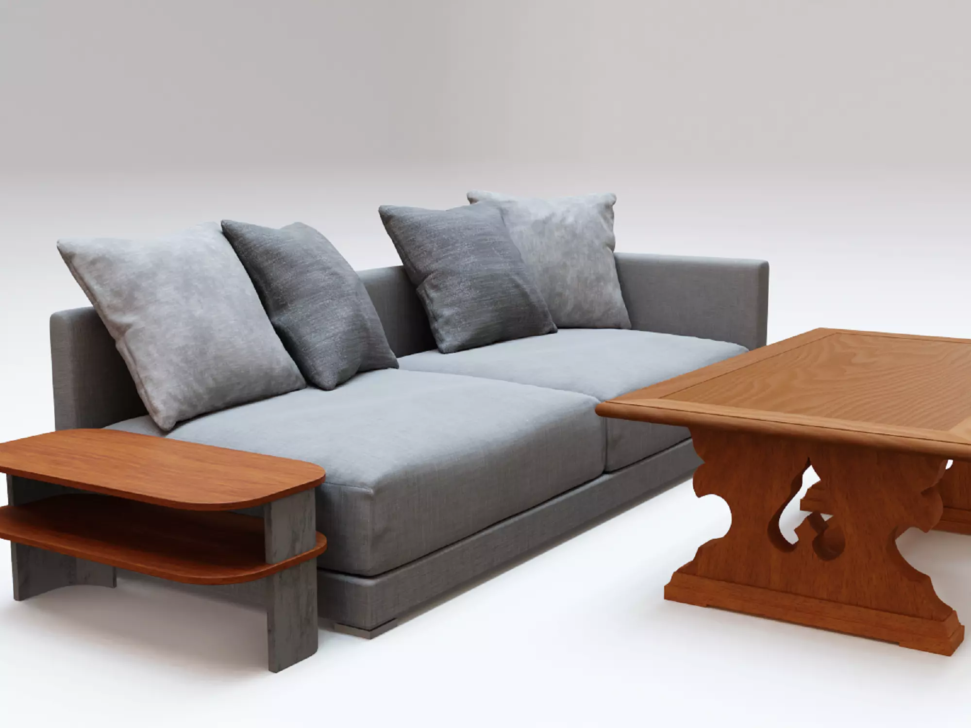 Gray Fabric Couch and Wooden Coffee Table 3D model_0