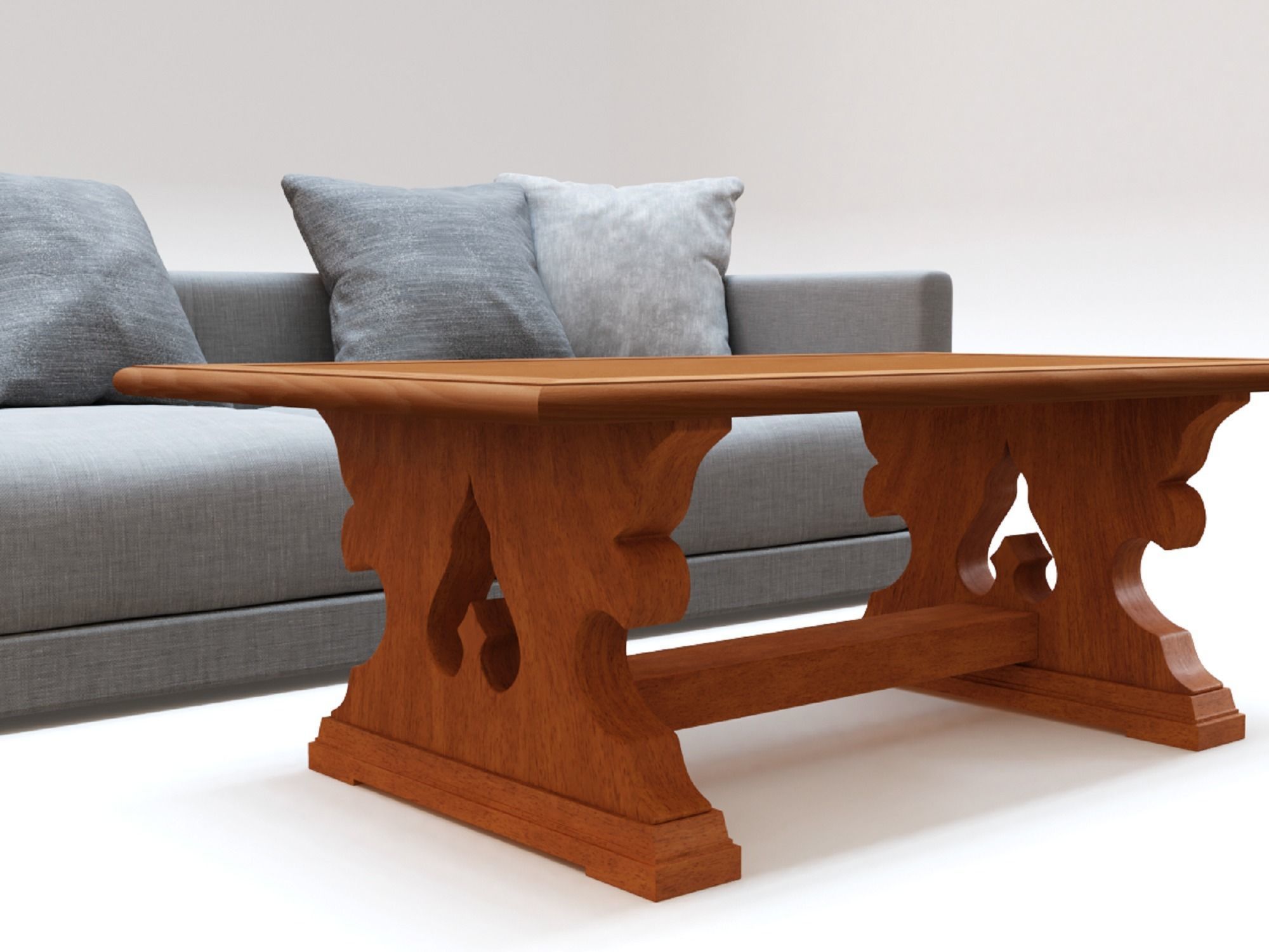 Gray Fabric Couch and Wooden Coffee Table 3D model_3