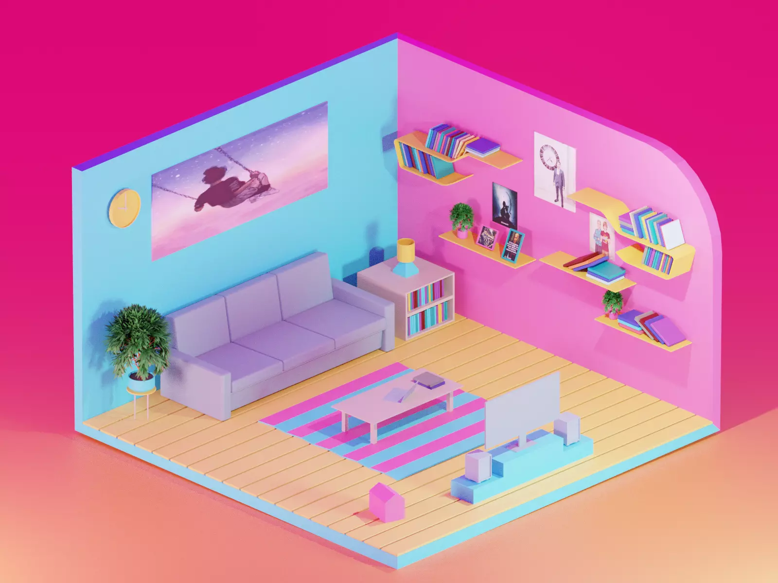 3d model living room with couch and bookshelf 3D model_0