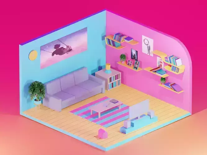 3d model living room with couch and bookshelf