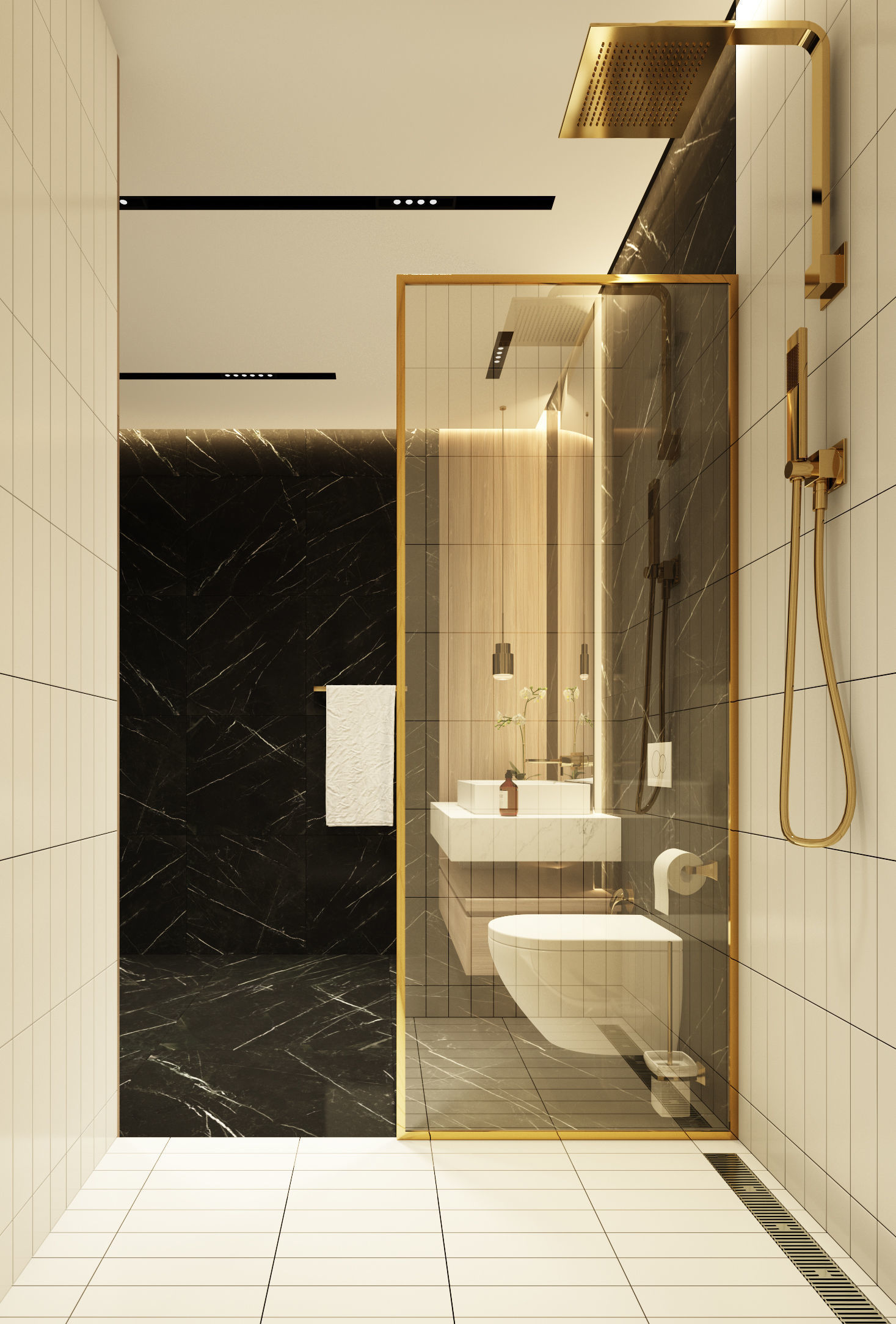 Modern dark bathroom interior scene 3D model_3