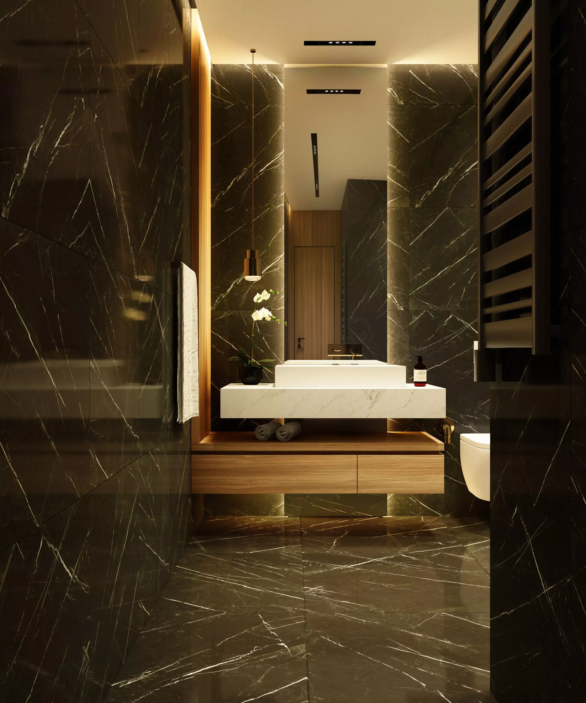 Modern dark bathroom interior scene 3D model_0