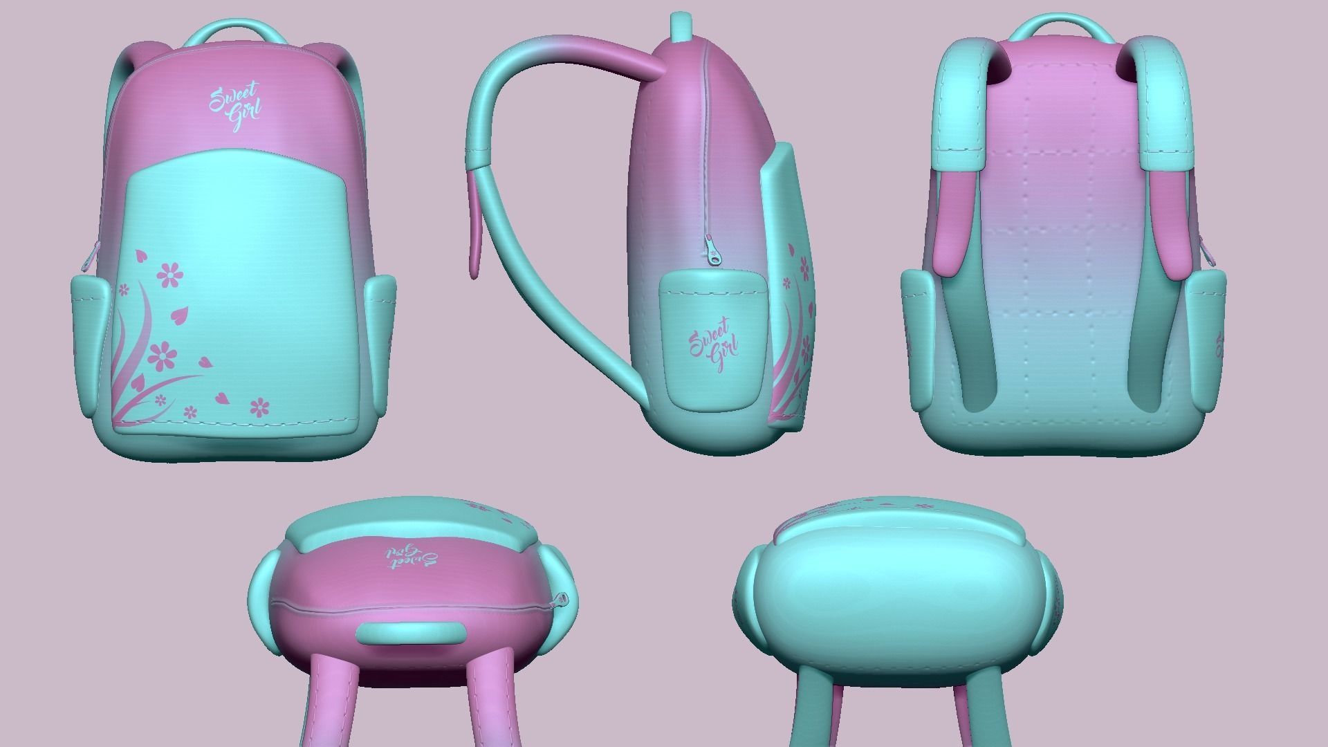 Sweet Girl Backpack - Female Character Accessory Low-poly 3D model_10