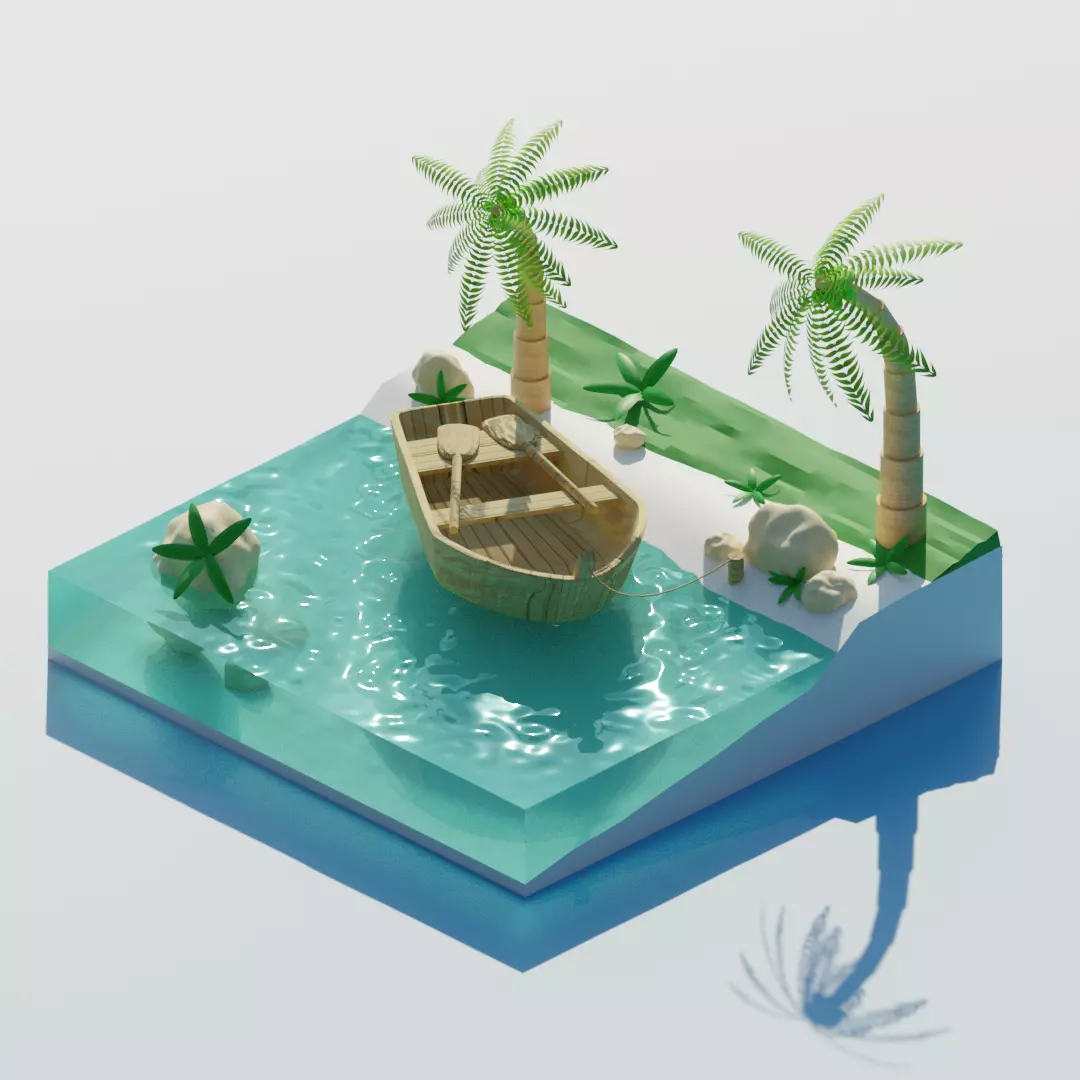 qqqqq island with boat and palm trees Free 3D model_0