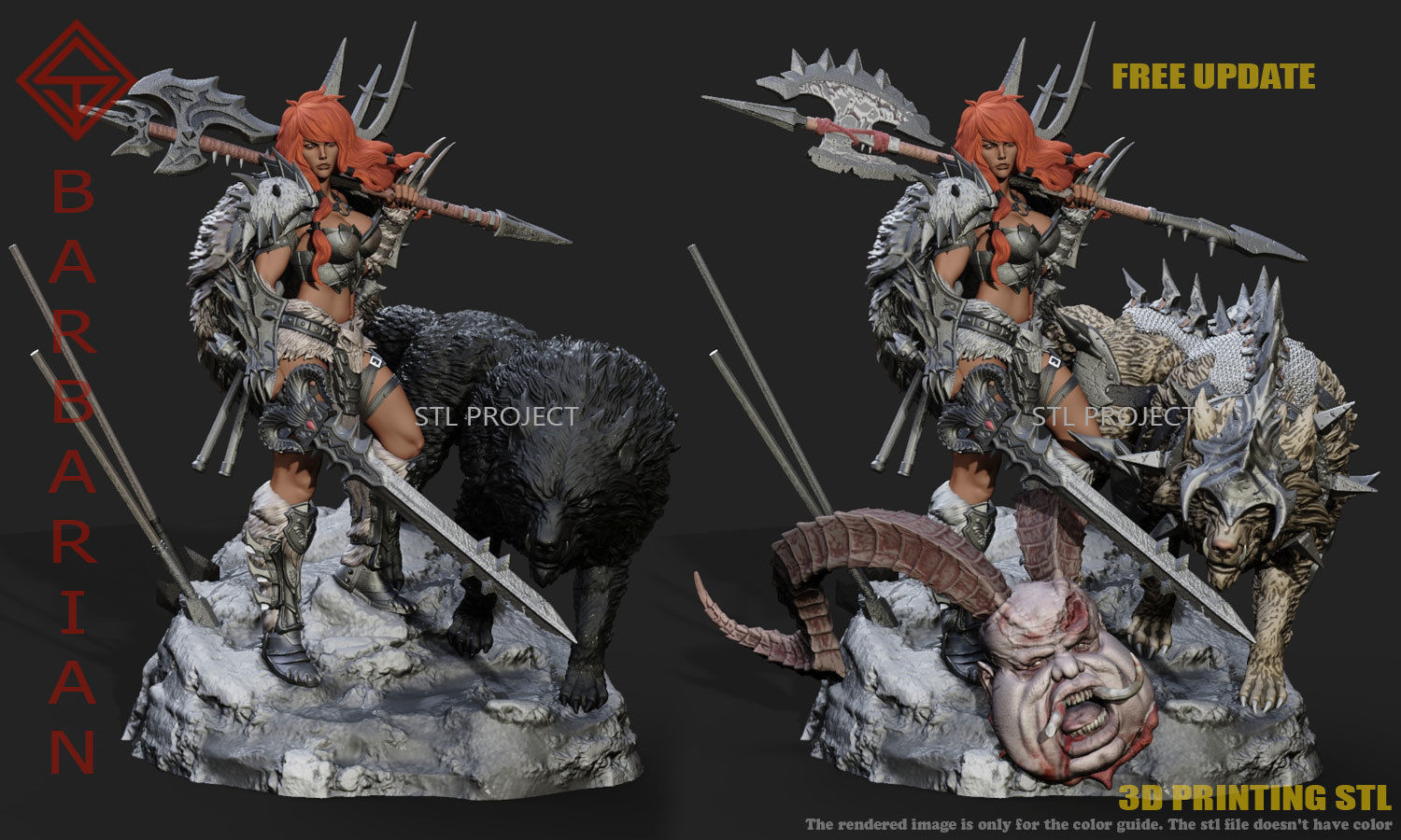 Barbarian statue of woman and wolf 3D print model_1