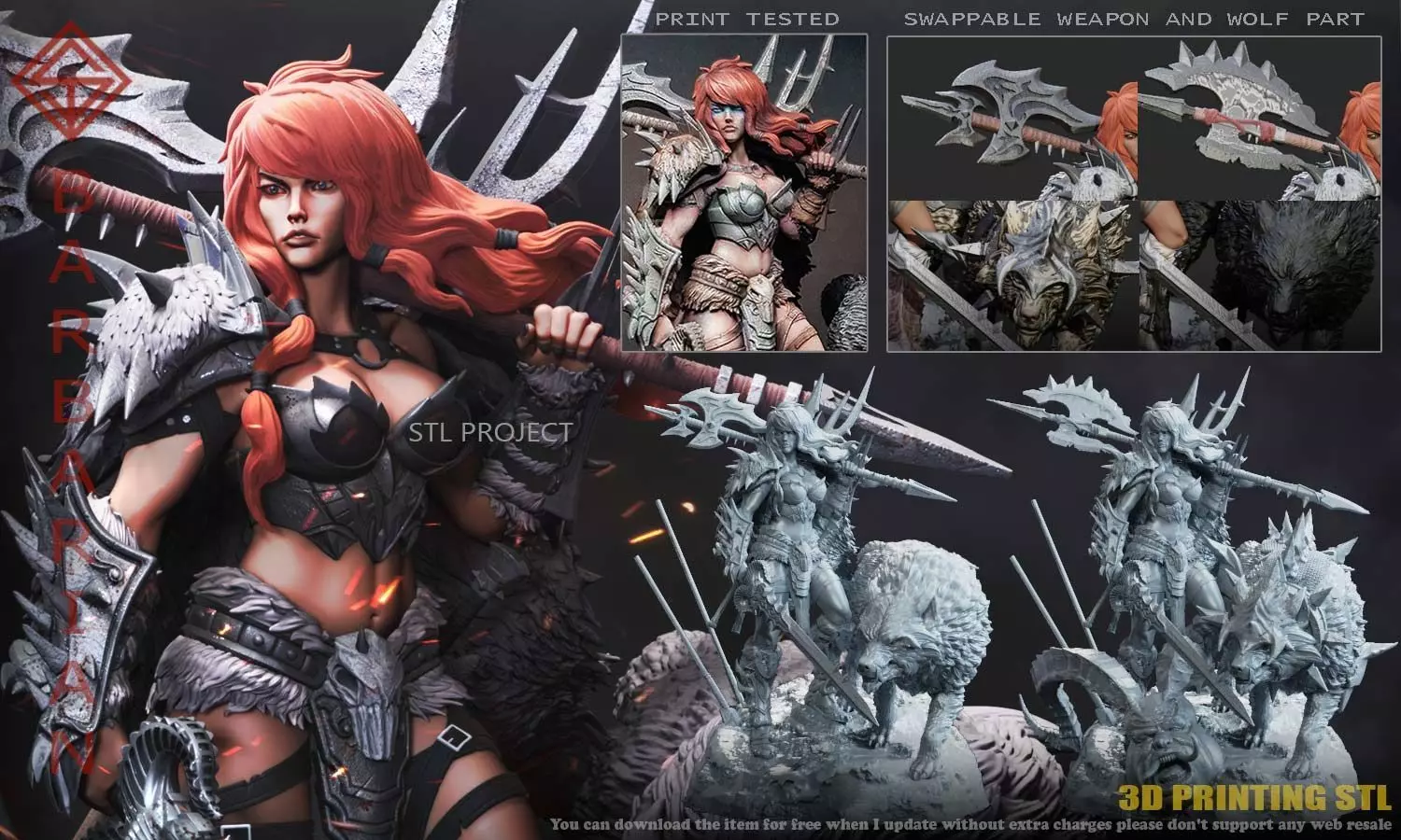 Barbarian statue of woman and wolf 3D print model_0