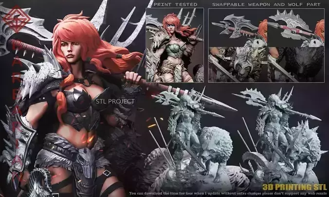 Barbarian statue of woman and wolf 3D print model