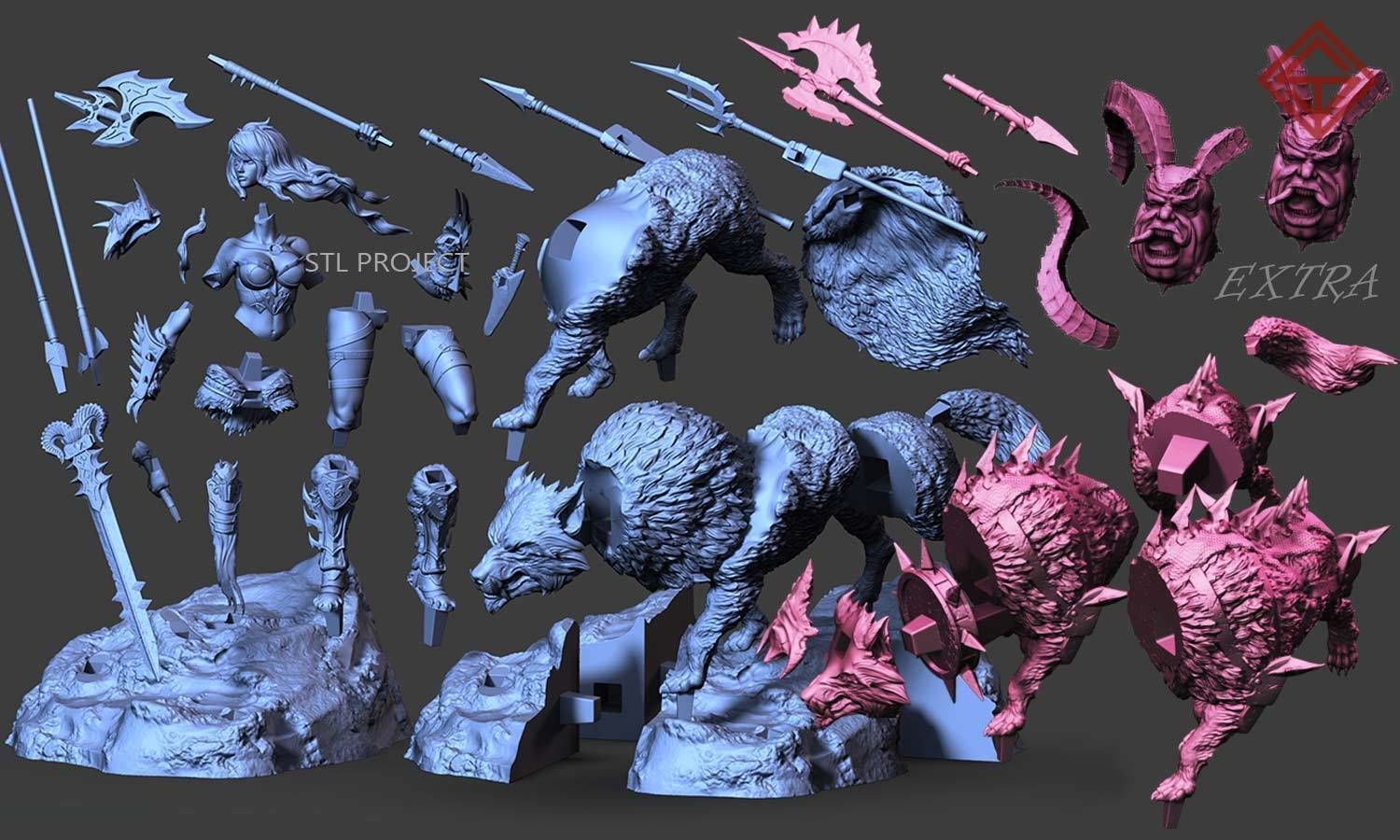 Barbarian statue of woman and wolf 3D print model_3