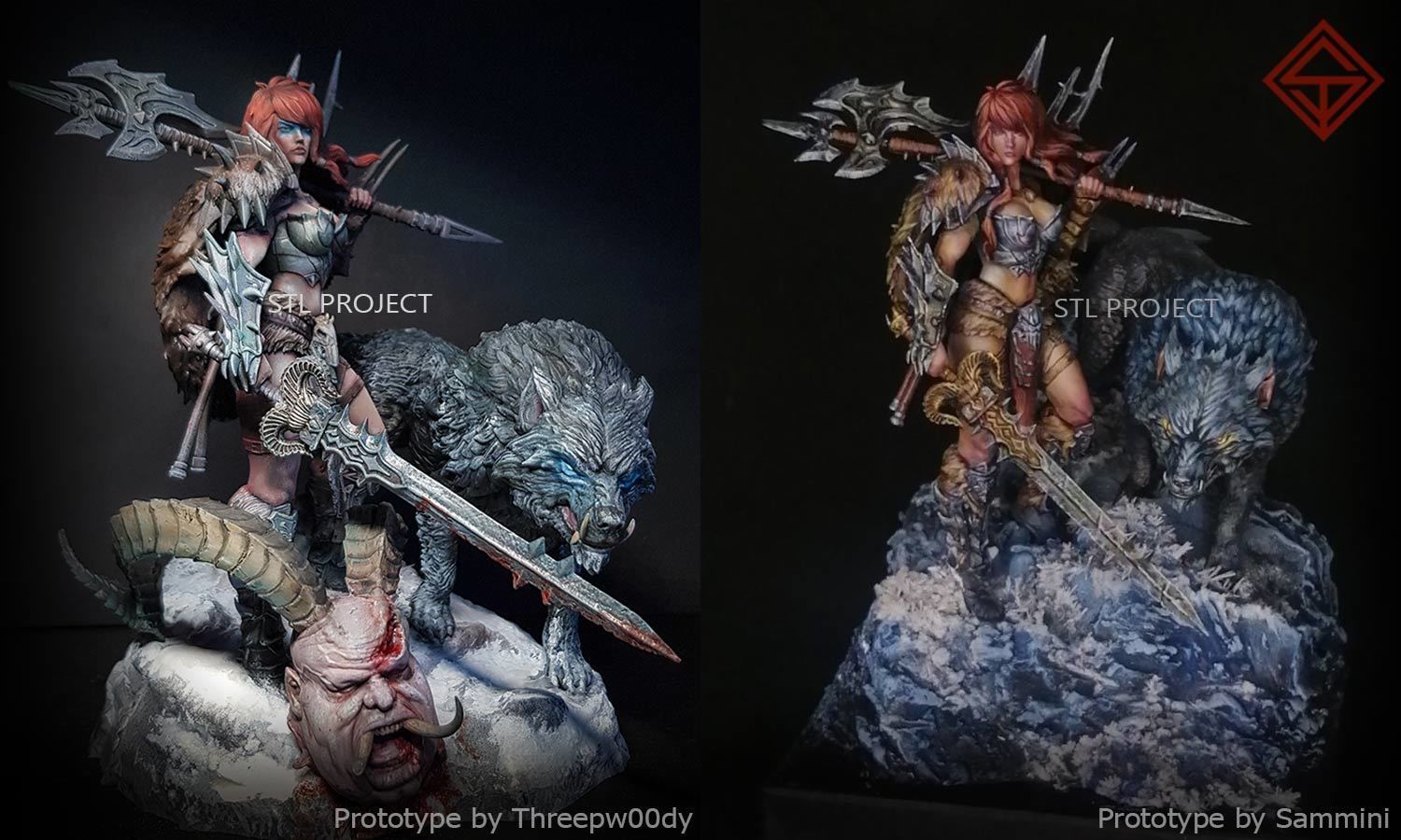 Barbarian statue of woman and wolf 3D print model_2