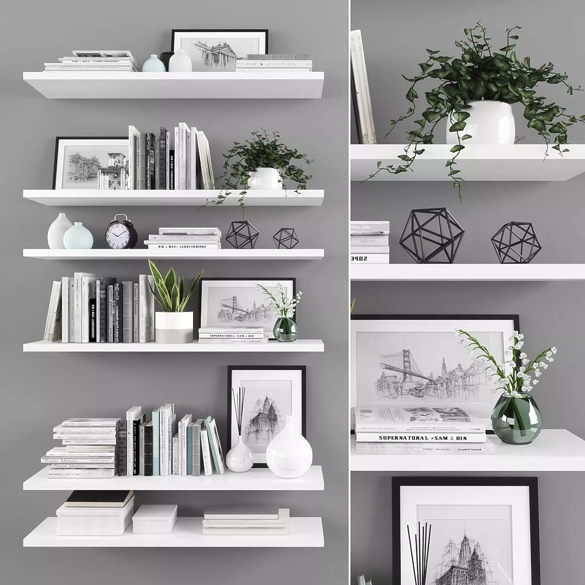 Decorative set shelves with plants and books Low-poly 3D model_0