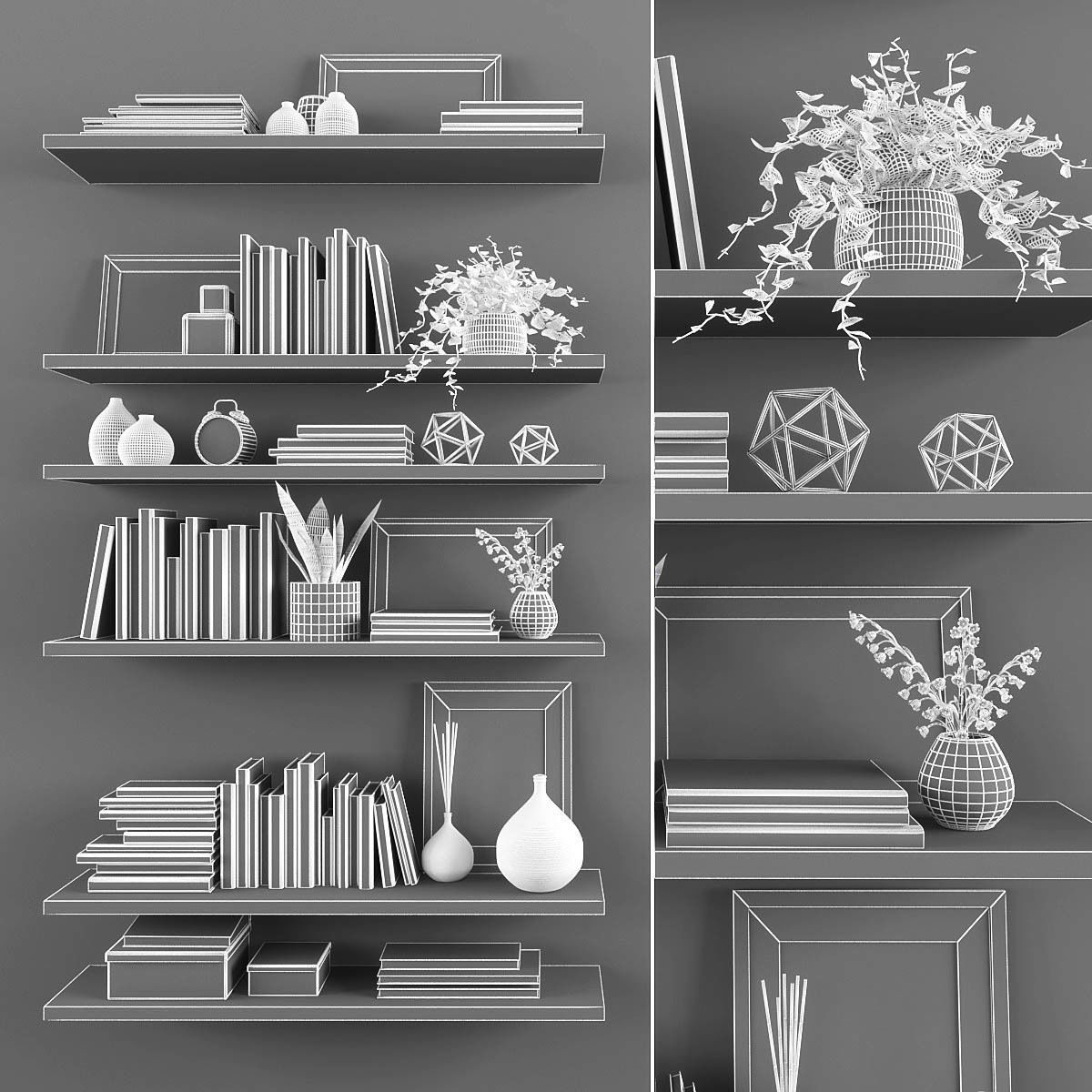 Decorative set shelves with plants and books Low-poly 3D model_1