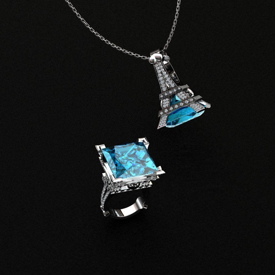 Rings sapphire pendant and ring 3D print model_5