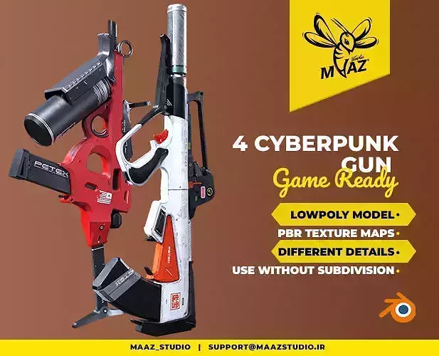 4 cyberpunk gun - game ready assets Low-poly 3D model