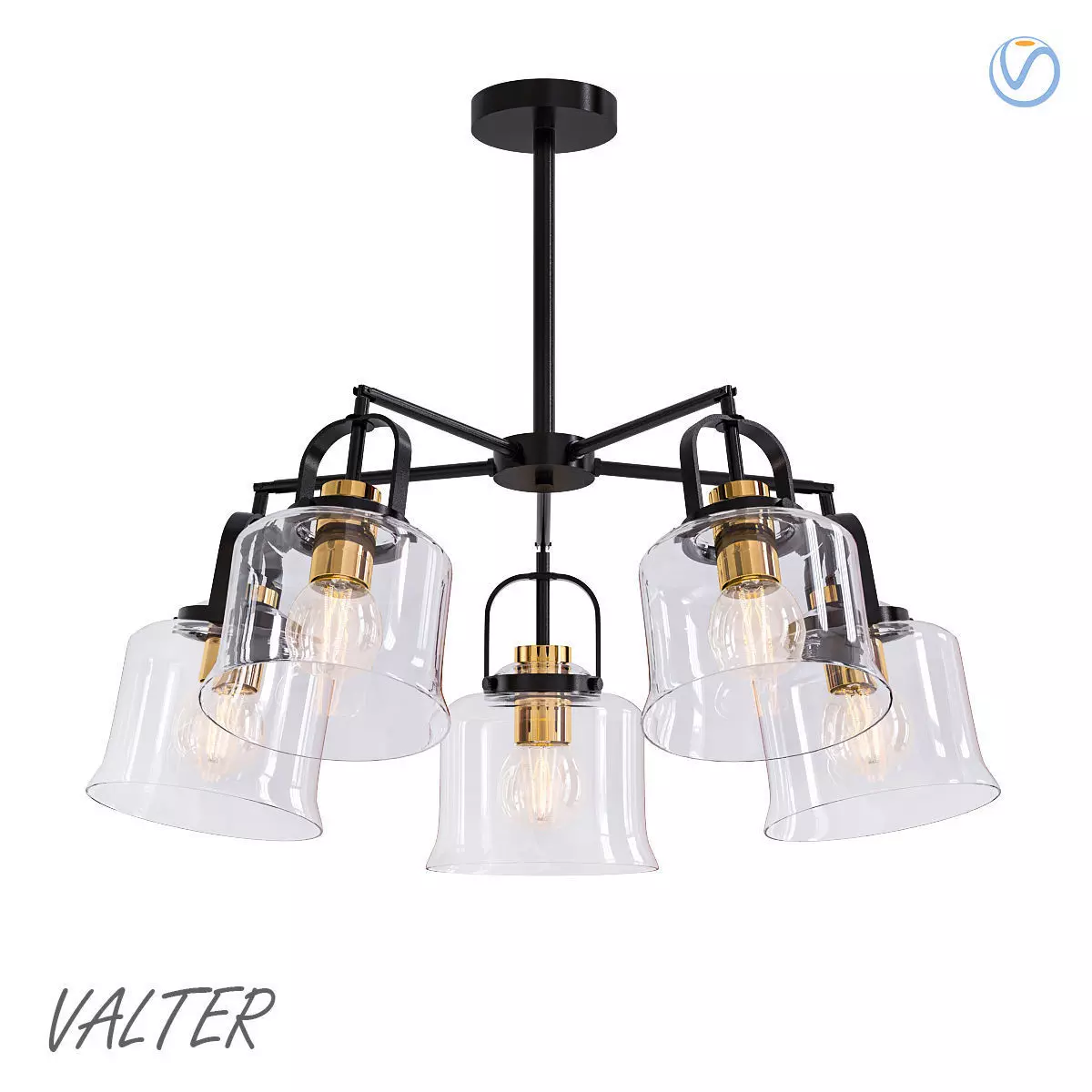 Valter 5 chandelier with glass shades and brass hardware 3D model_0
