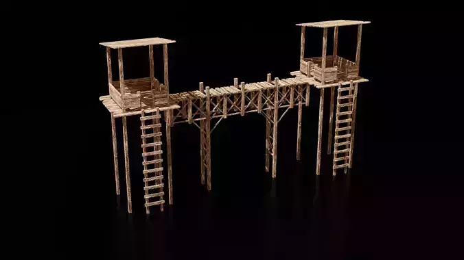 Wooden Archer Towers with Bridge Low Poly Medieval 3D Model Low-poly 3D model