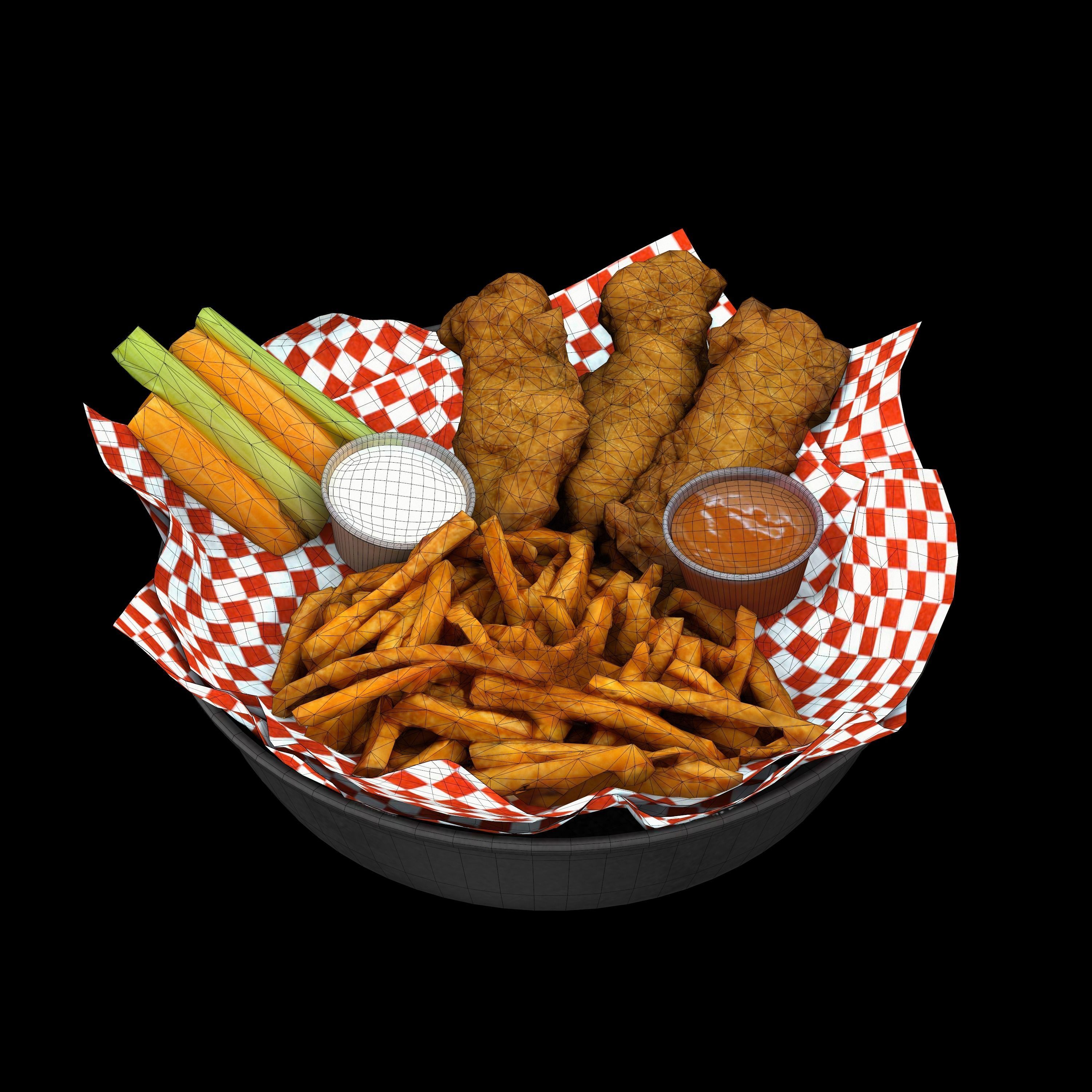 Breaded deep fried chicken winger with fries and sauces Low-poly 3D model_9