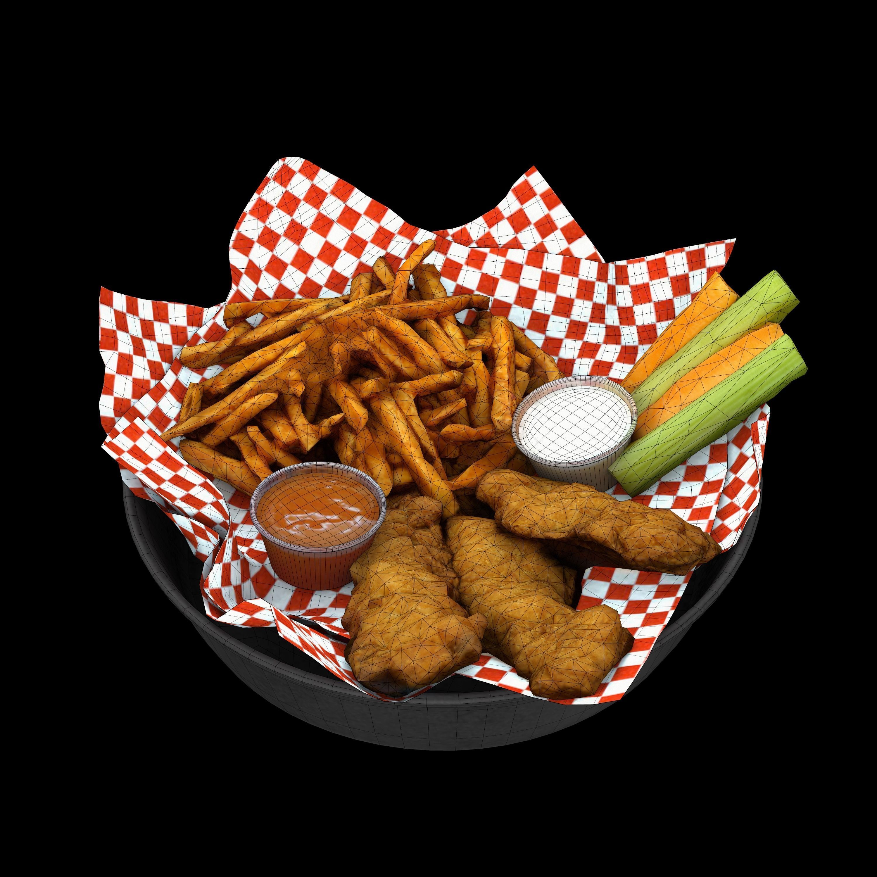 Breaded deep fried chicken winger with fries and sauces Low-poly 3D model_11
