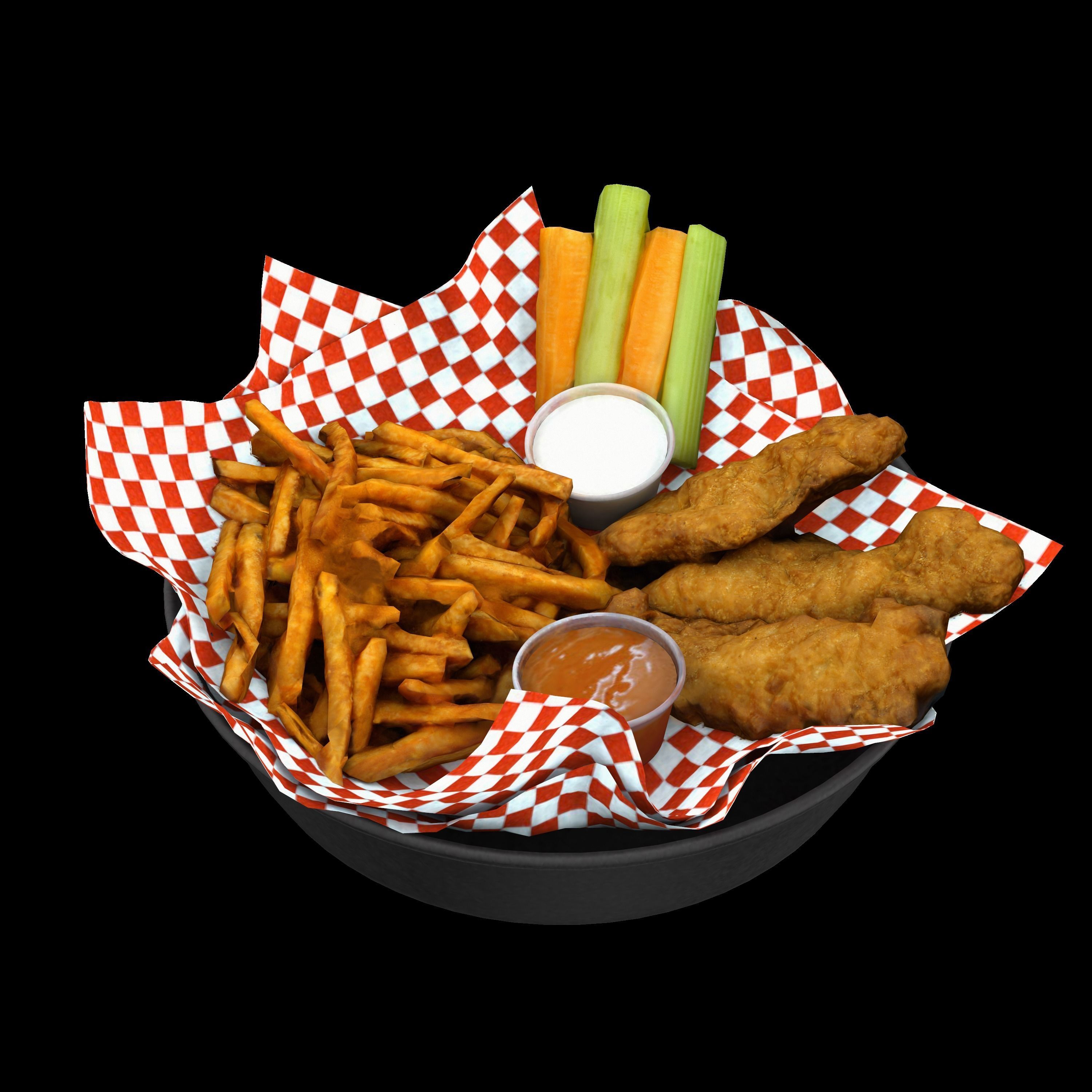 Breaded deep fried chicken winger with fries and sauces Low-poly 3D model_4