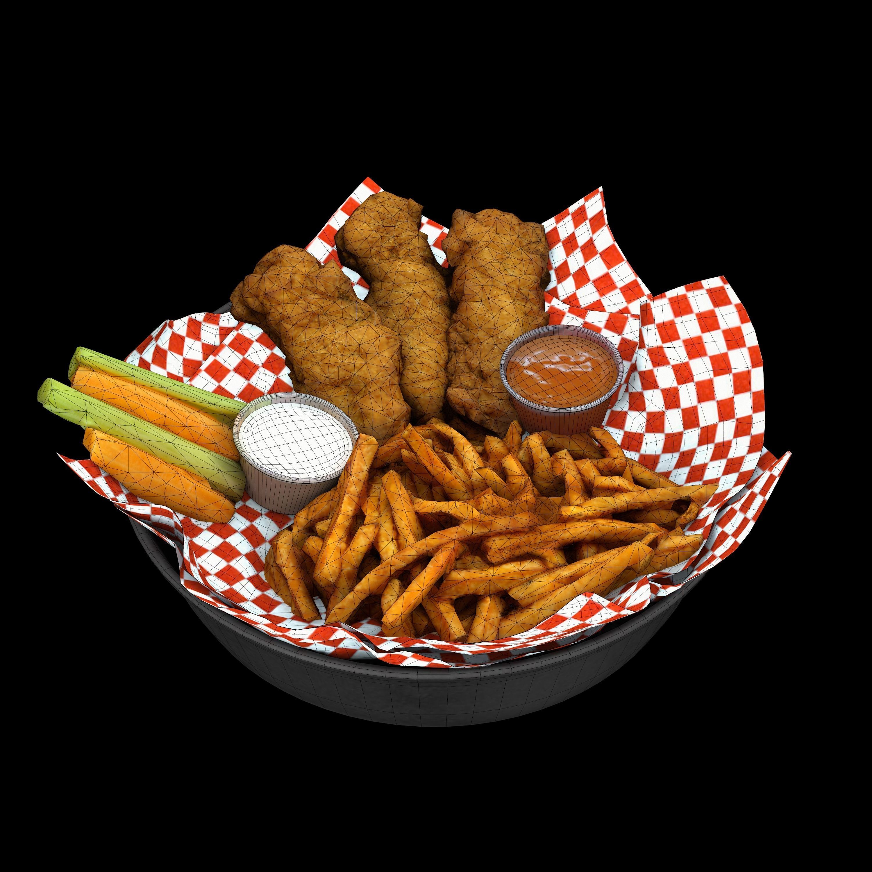 Breaded deep fried chicken winger with fries and sauces Low-poly 3D model_8