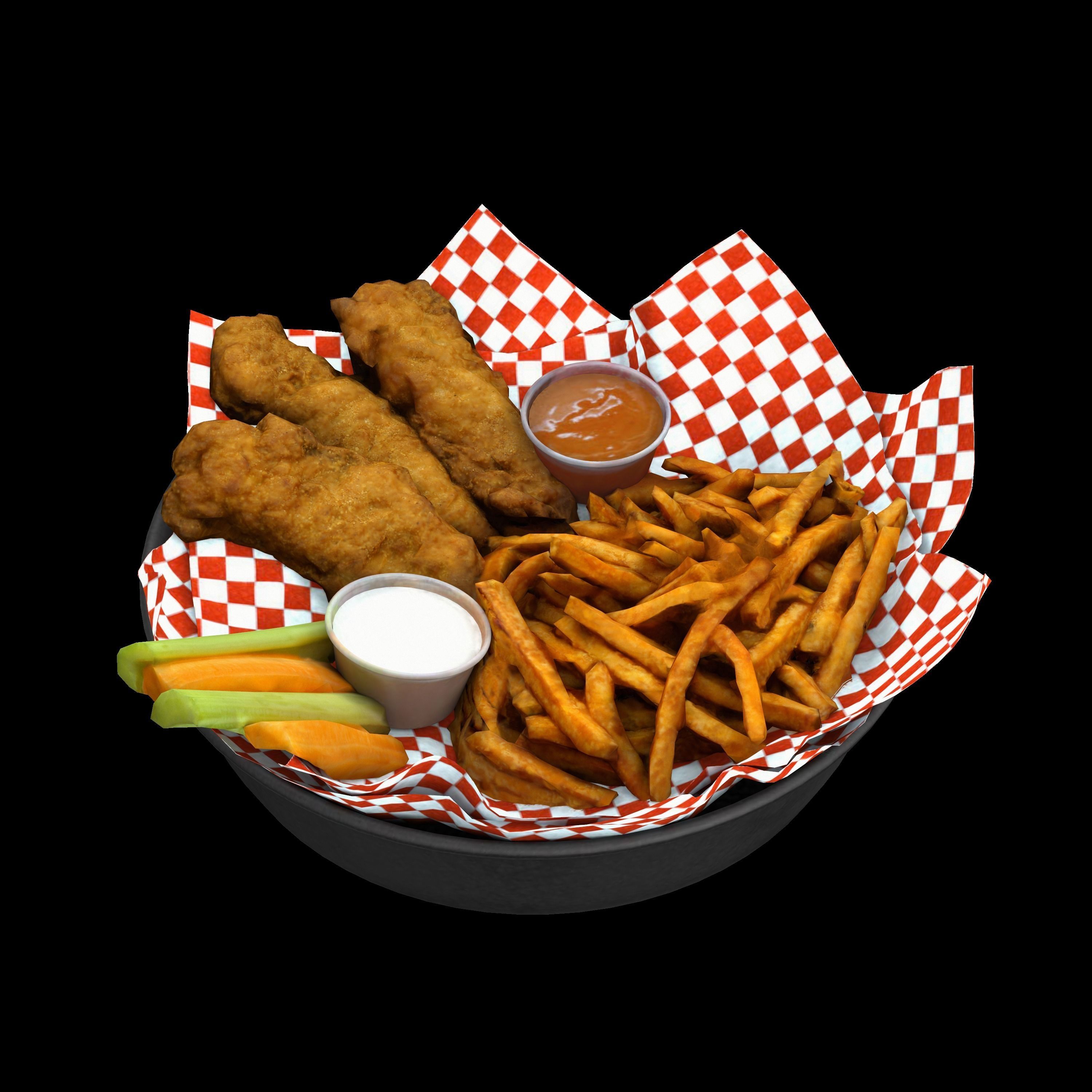 Breaded deep fried chicken winger with fries and sauces Low-poly 3D model_3