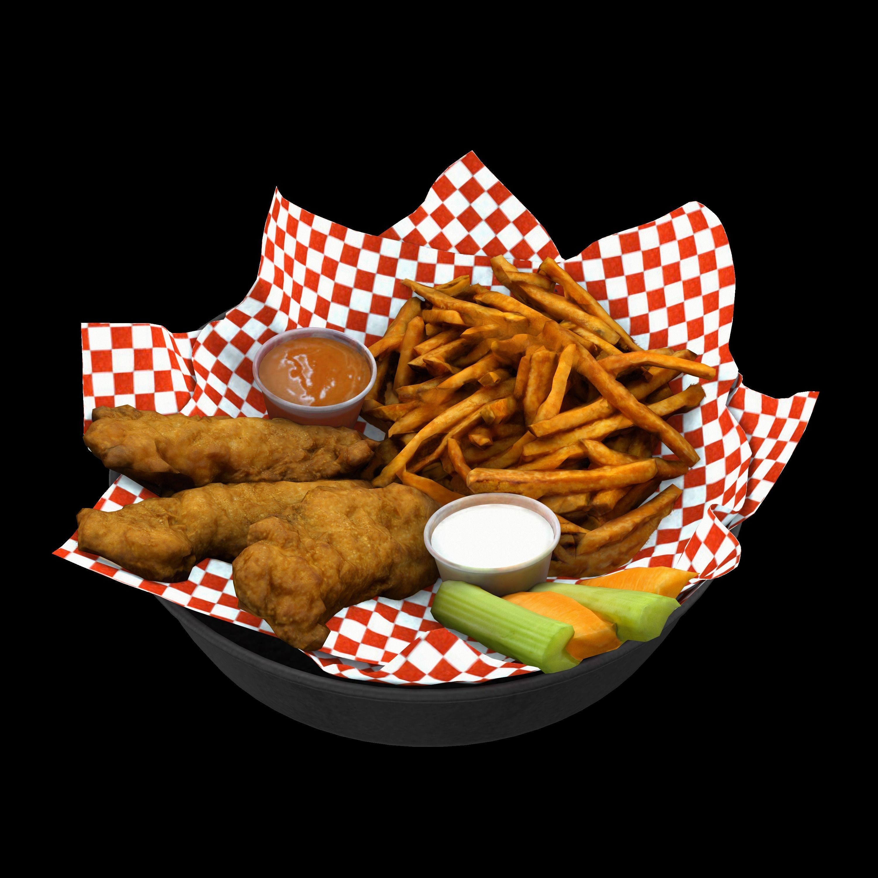 Breaded deep fried chicken winger with fries and sauces Low-poly 3D model_2