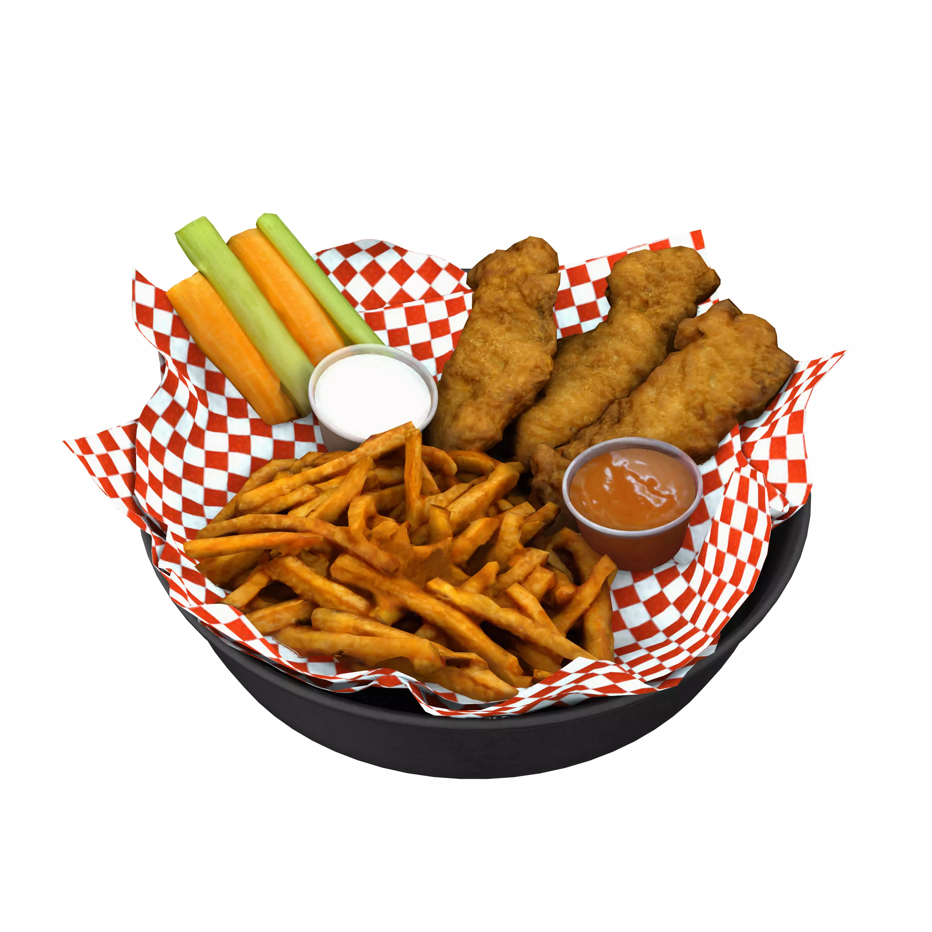 Breaded deep fried chicken winger with fries and sauces Low-poly 3D model_0