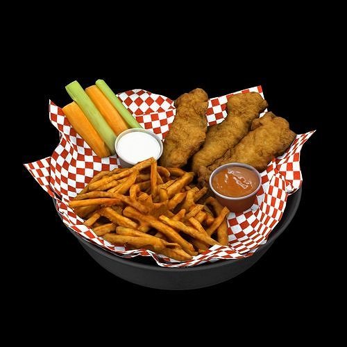 Breaded deep fried chicken winger with fries and sauces Low-poly 3D model
